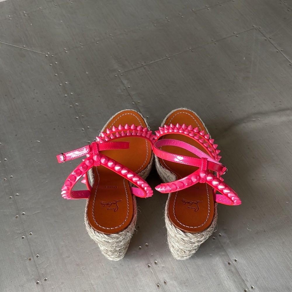 Christian louboutin mafaldina 120mm wedge espadrille pink neon sandal sz 40 - Picture 8 of 14